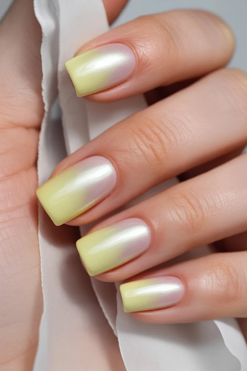 summer nail colours 2026 Lemon Pearl Nails With A Soft Chrome Glow