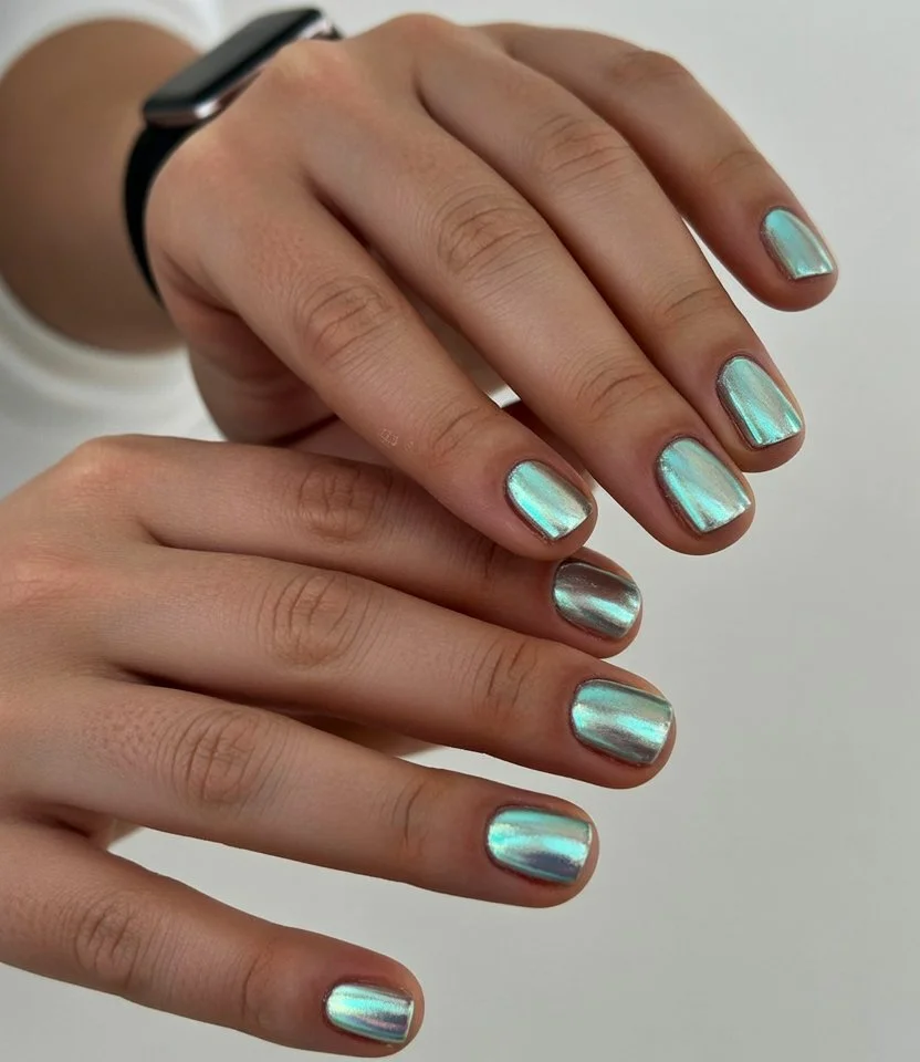 summer nail colours 2026 Mirror Chrome Nails With Futuristic Summer Energy