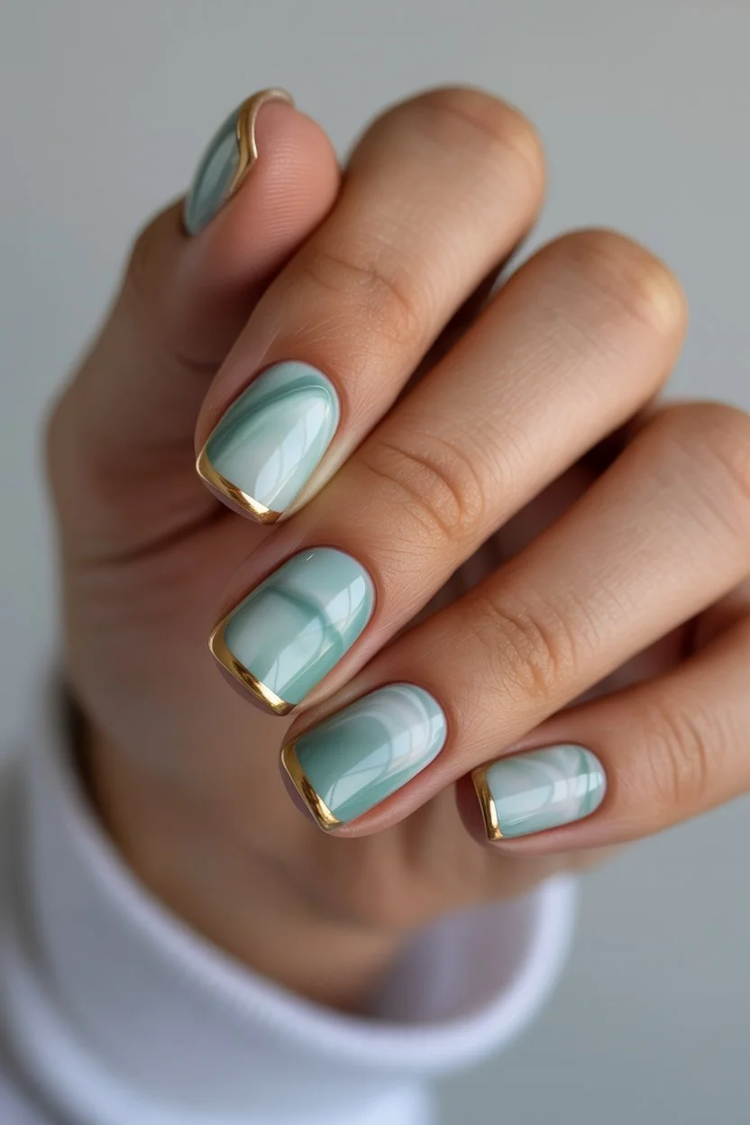 summer nail inspo 2026 Mint Glass Nails With Golden Edges