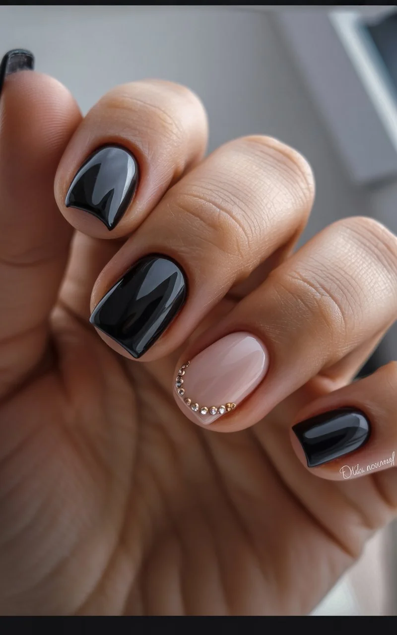 summer nail inspo 2026 Glossy Black Nails With Tiny Crystal Details