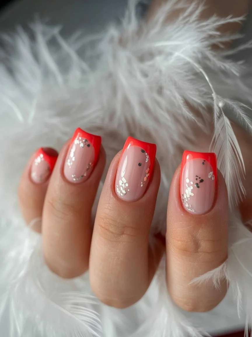summer nail inspo 2026 Coral French Tips With Tiny Summer Sparkles