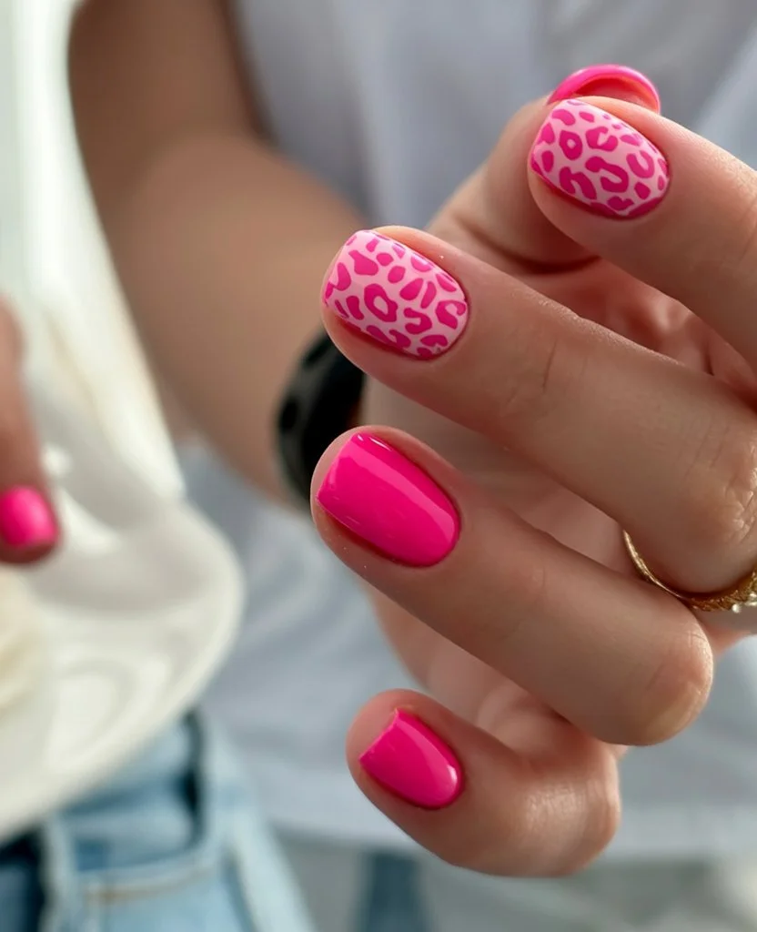 summer nails square 2026 Hot Pink Leopard Nails With Main Character Energy