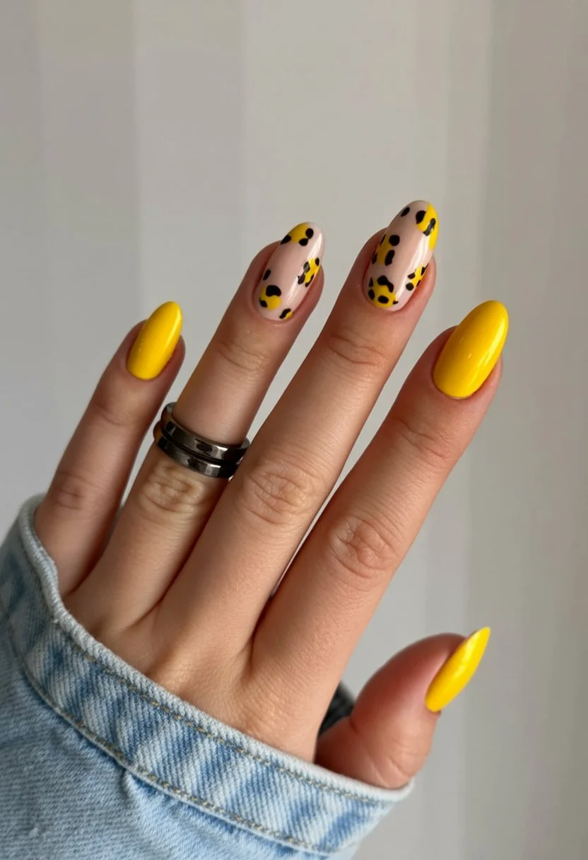 summer nails square 2026 Sunny Yellow Animal Print For Endless Summer Days