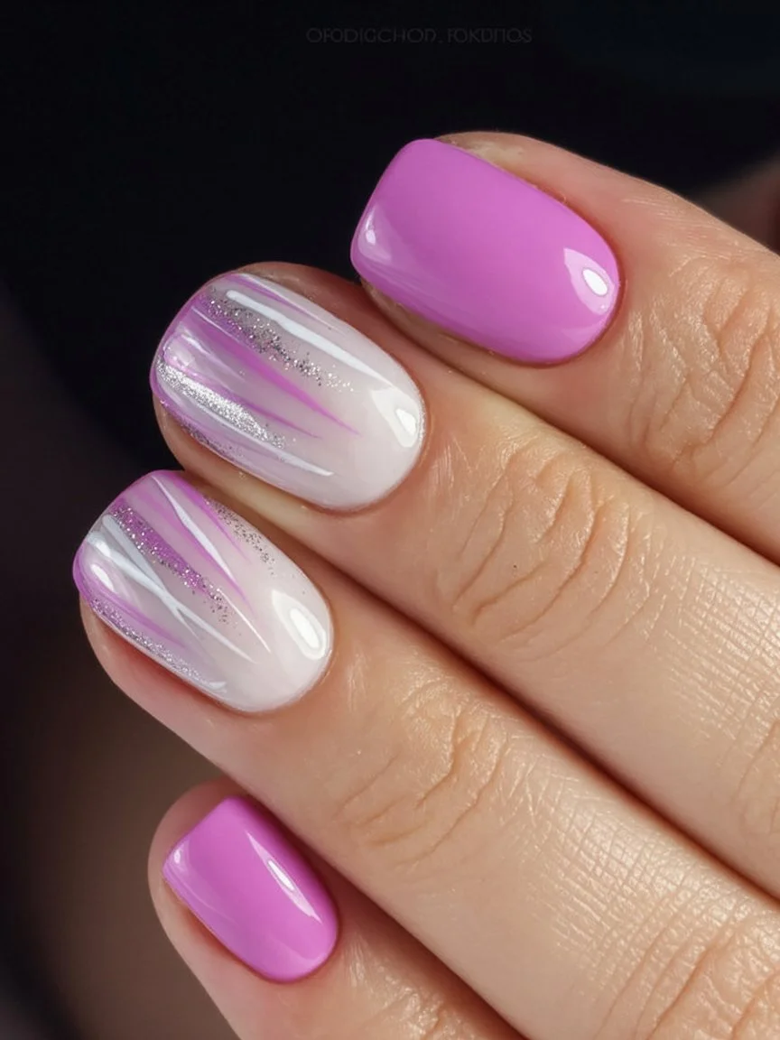summer nails square 2026 Soft Pink Lines With Delicate Summer Sparkle