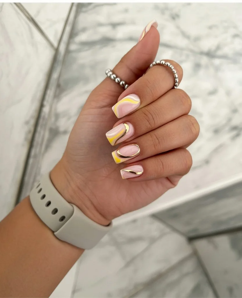 summer nails square 2026 Abstract Gold Waves With Soft Summer Glam