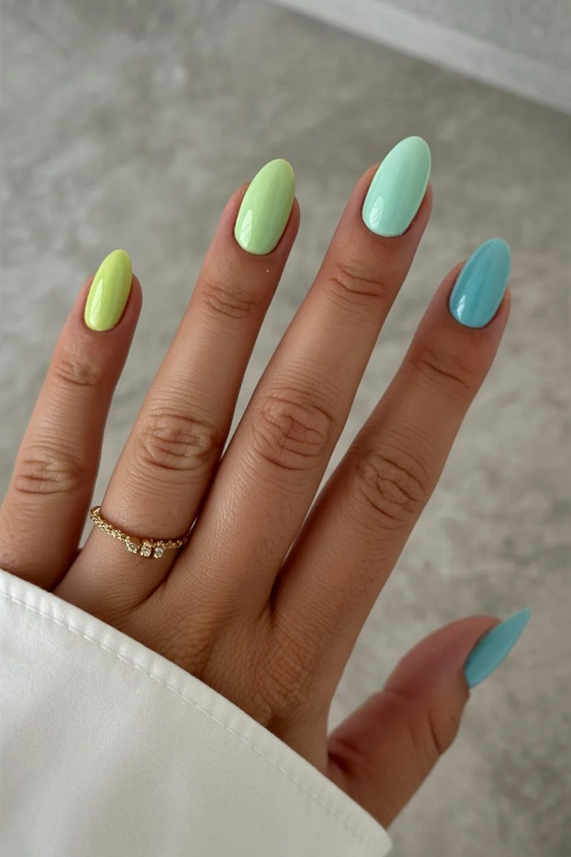summer nails square 2026 Pastel Blue And Green Nails For Fresh Summer Energy