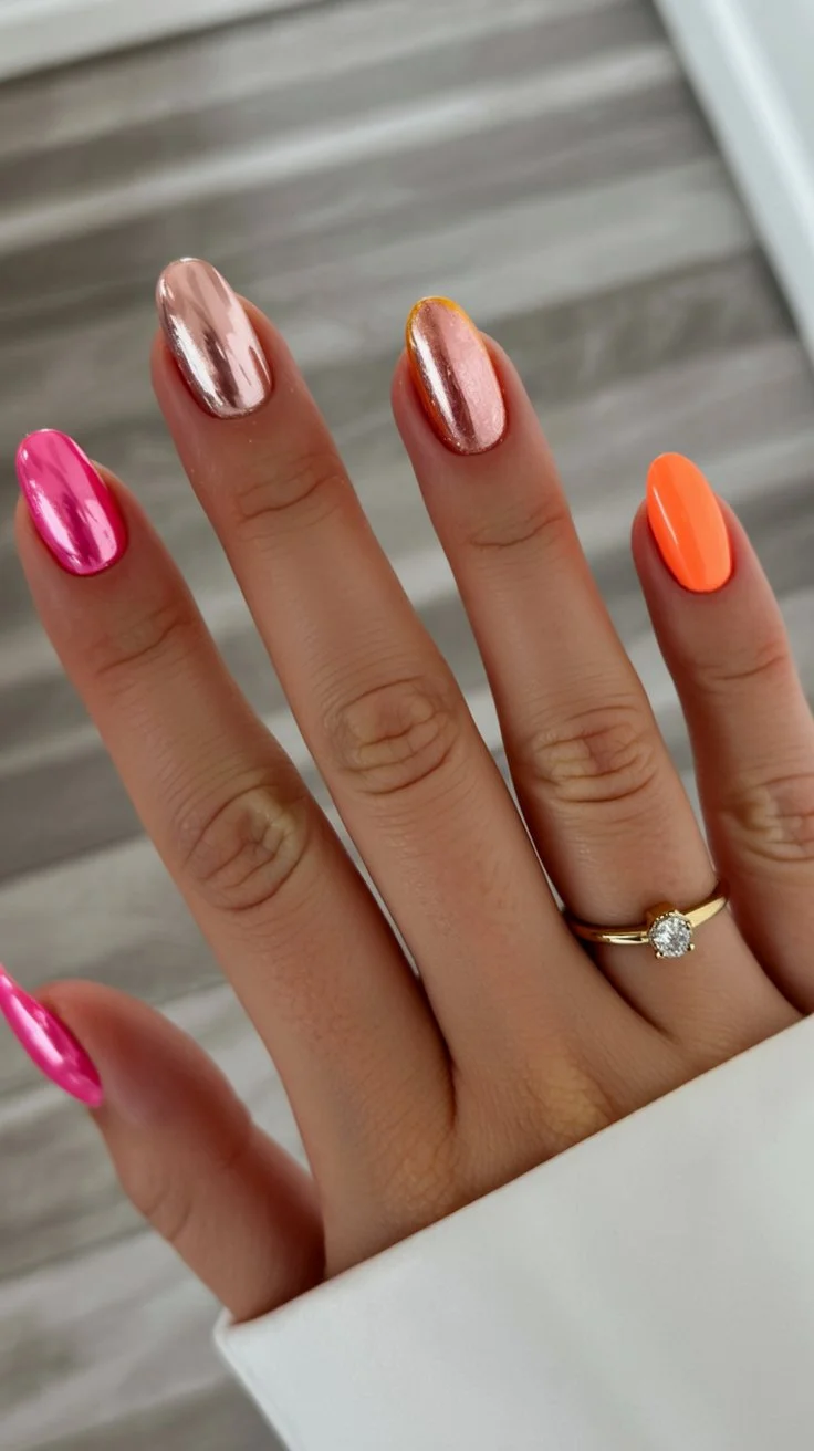 summer nails square 2026 Chrome And Neon Mix For Bold Summer Moods