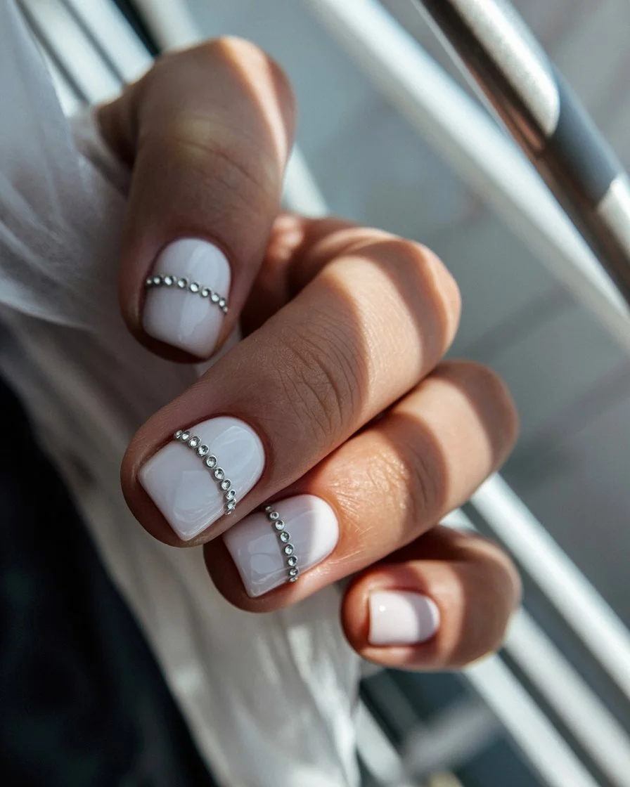 summer nails square 2026 Minimal White Nails With Crystal Details