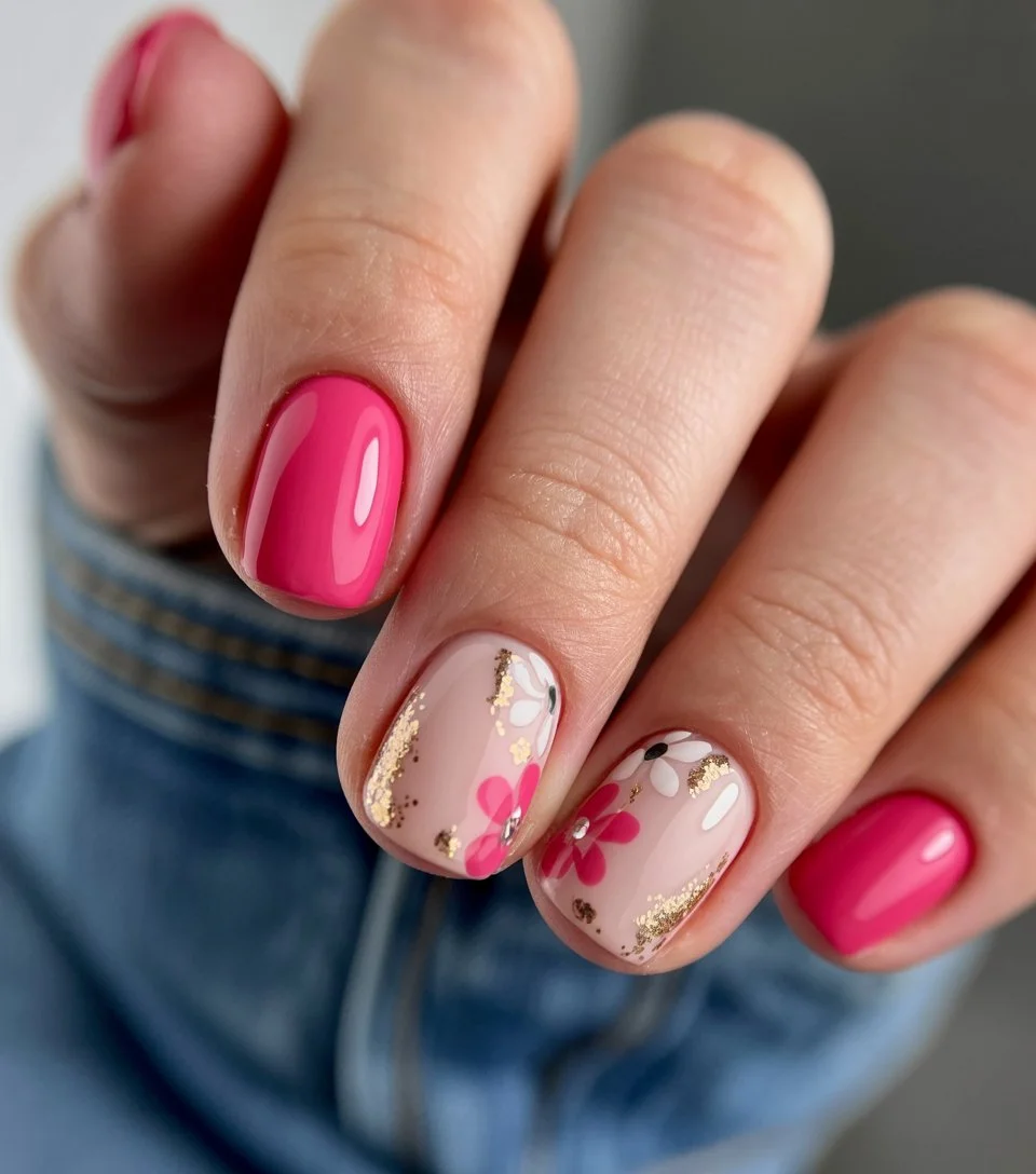 summer nails square 2026 Hot Pink Floral Nails With Weekend Energy