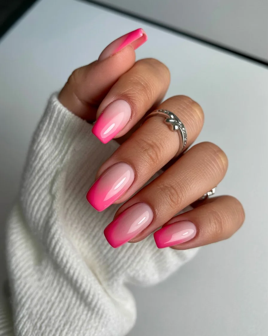 summer nails square 2026 Hot Pink Ombre Nails For Peak Summer Energy