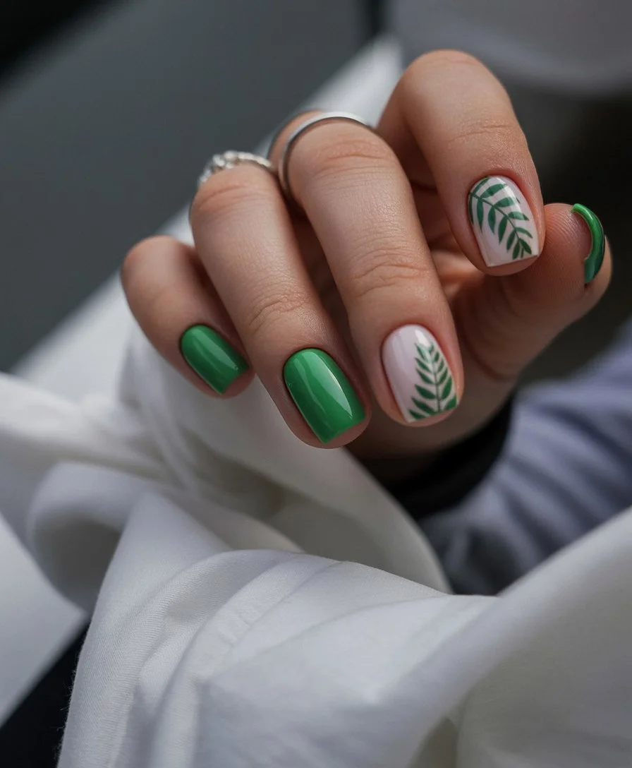 summer nails square 2026 Green Botanical Nails With Fresh European Vibes