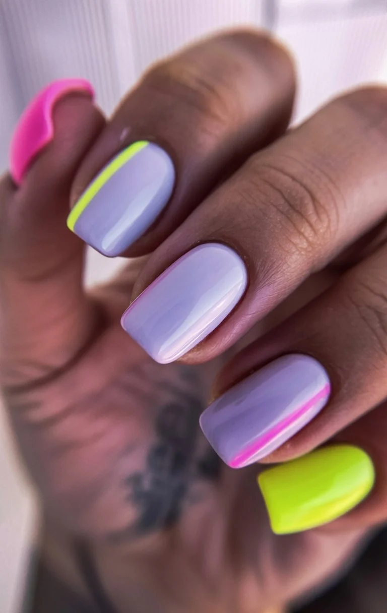 summer nails square 2026 Soft Lilac And Neon French Tip Summer Mood