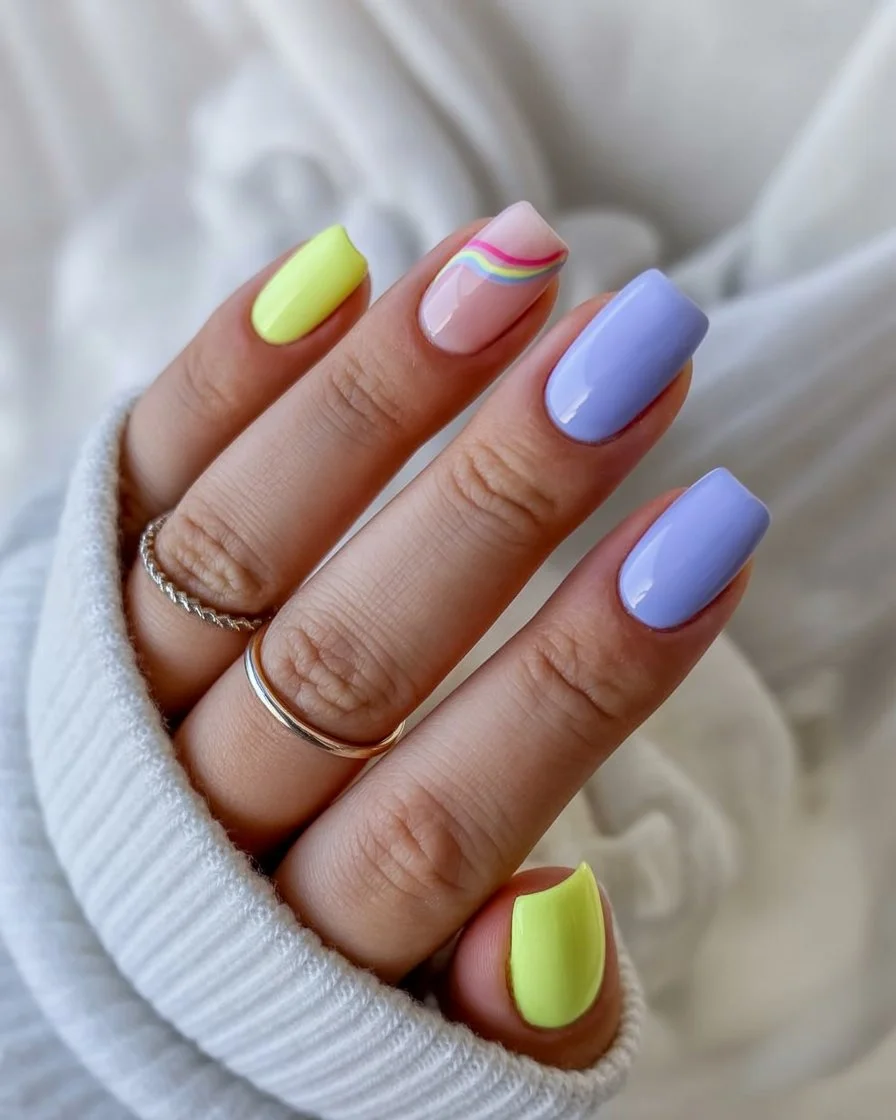 summer nails square 2026 Pastel Rainbow Square Nails For Soft Summer Days
