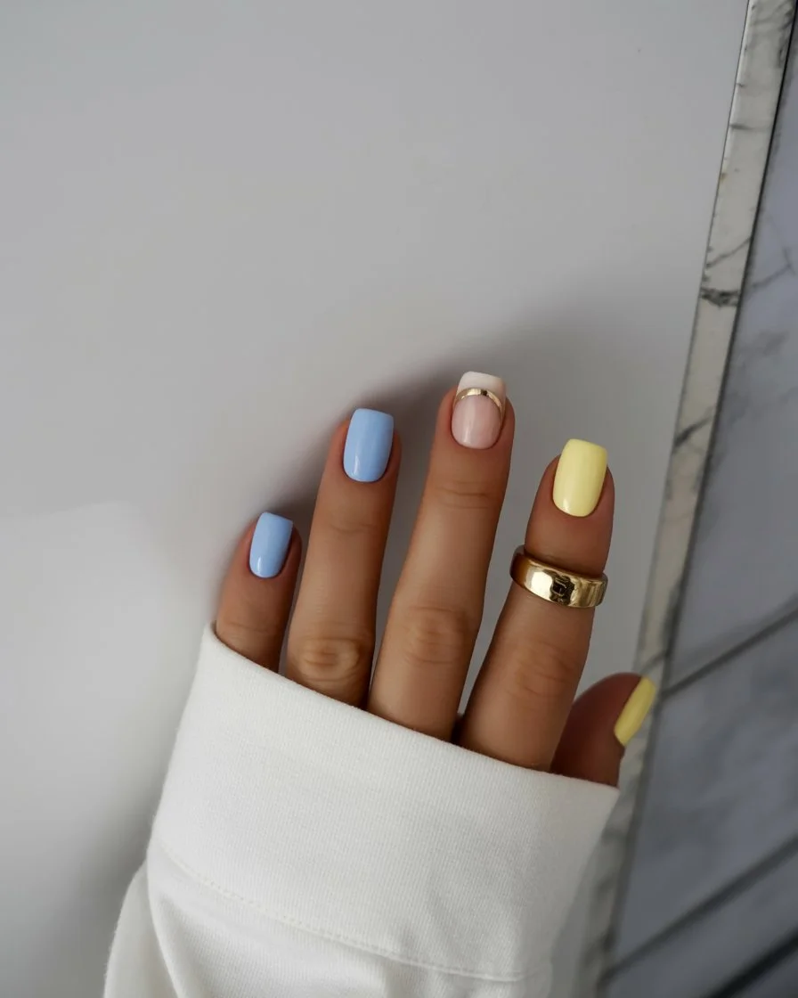 summer nails square 2026 European Pastel Color Blocking That Feels Effortless