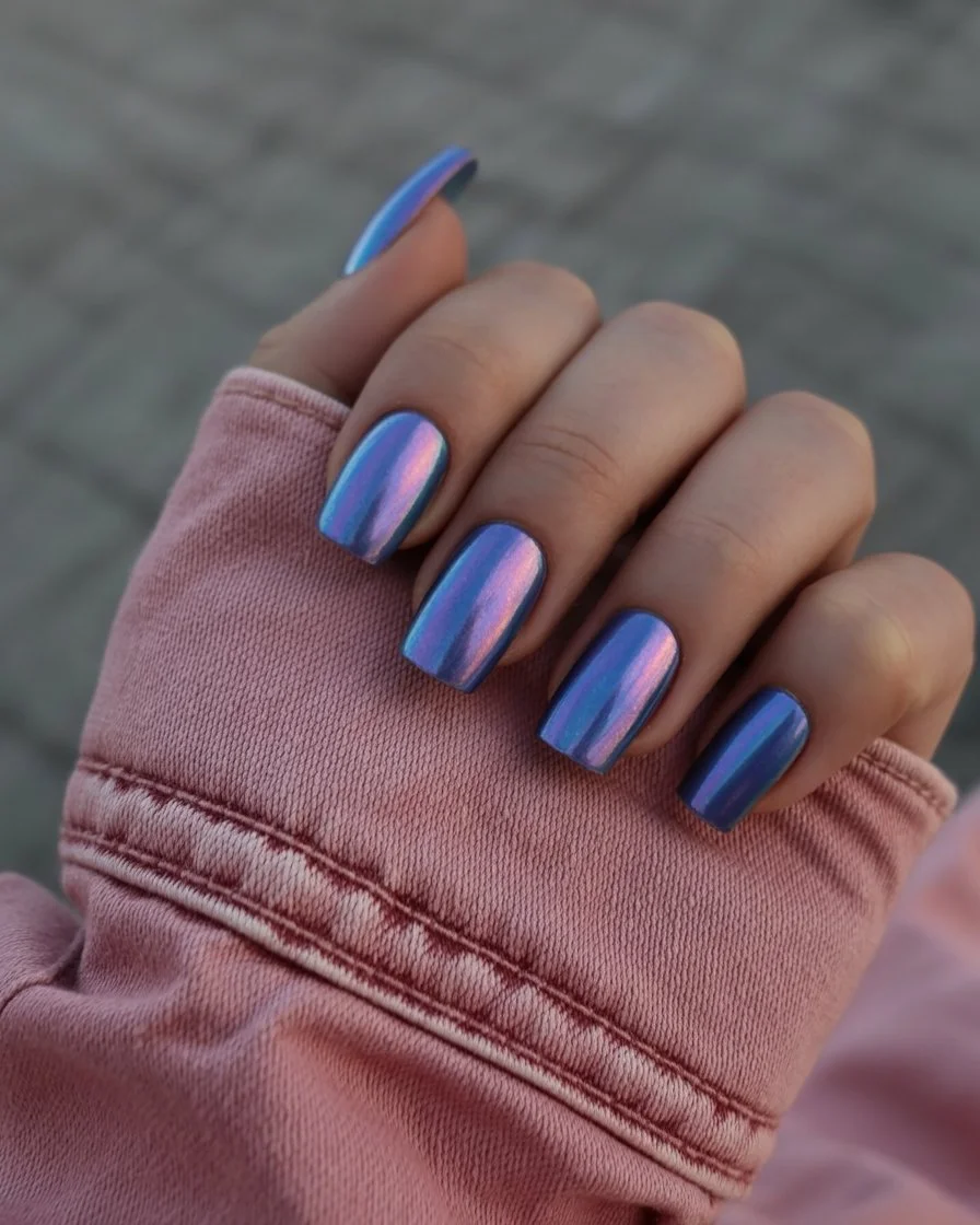 summer nails square 2026 Blue Chrome Nails With Future Summer Energy