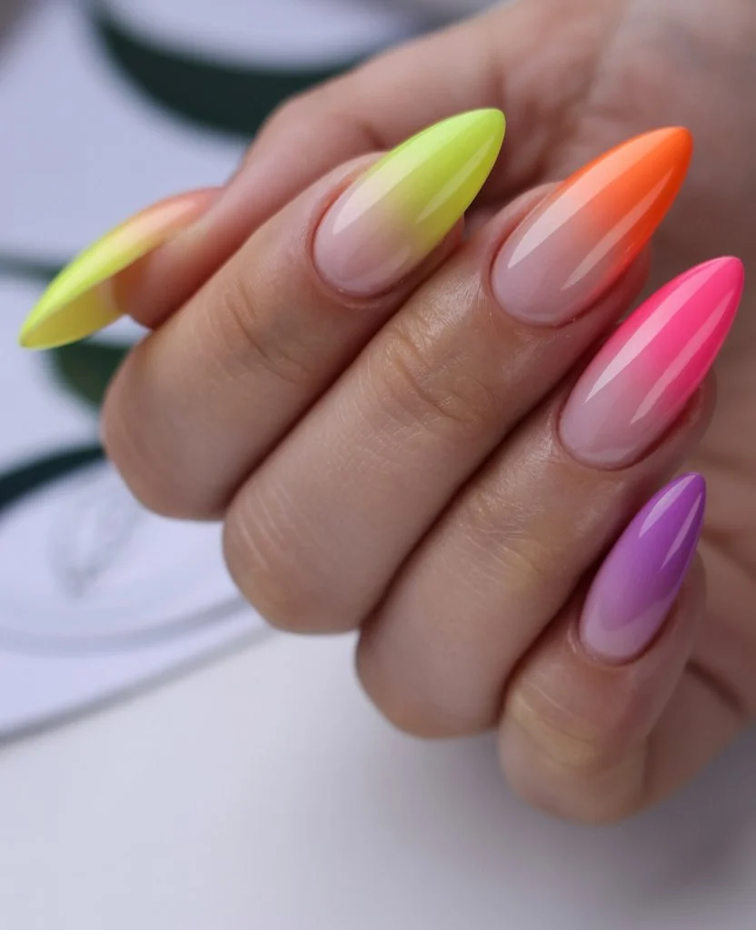 summer ombre nails 2026 Neon Sunset Energy on Almond Nails