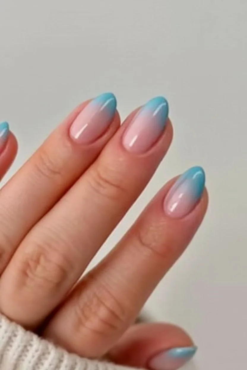 summer ombre nails 2026 Soft Blue Fade Almond Nails For Endless Beach Days