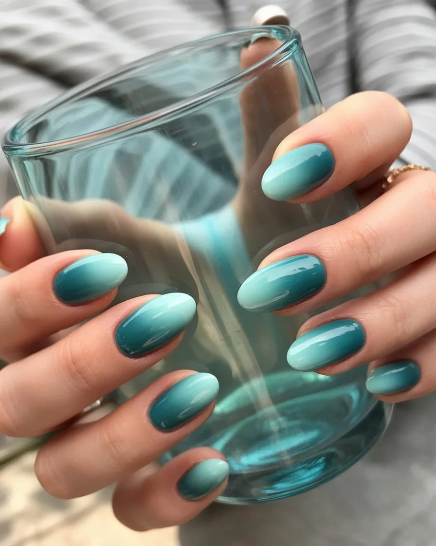 summer ombre nails 2026 Ocean Wave Ombre in Deep Blue Tones