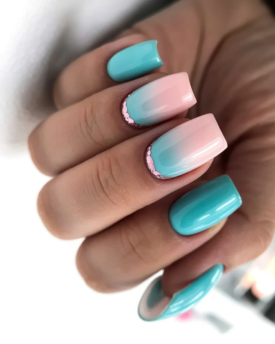 summer ombre nails 2026 Pink and Blue Candy Fade with Playful Details