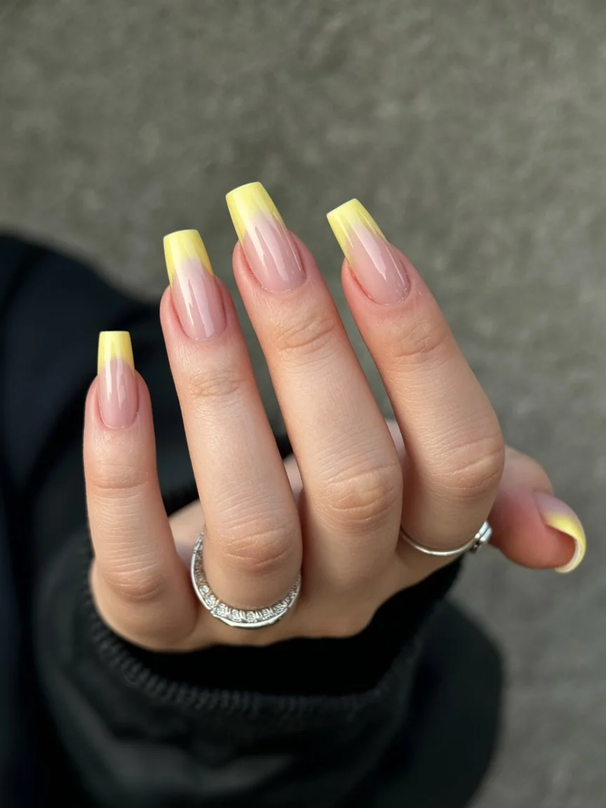 summer ombre nails 2026 Butter Yellow Ombre Nails With Modern French Tip Energy