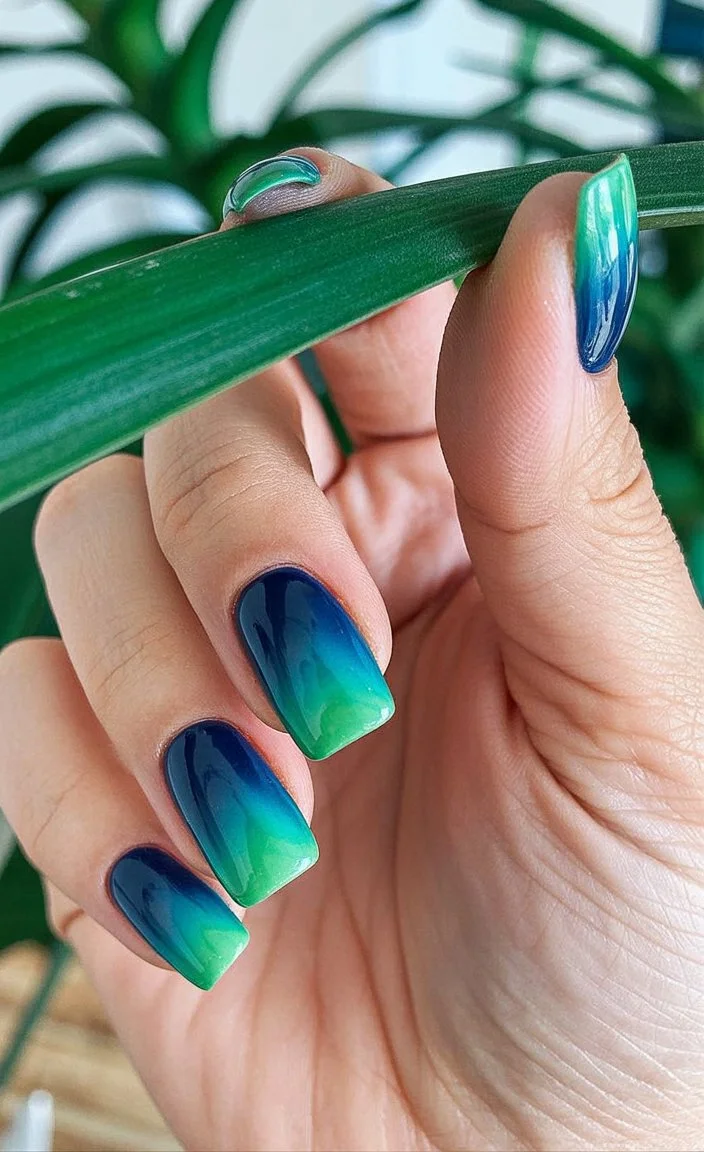 summer ombre nails 2026 Tropical Lagoon Fade with Deep Summer Blues