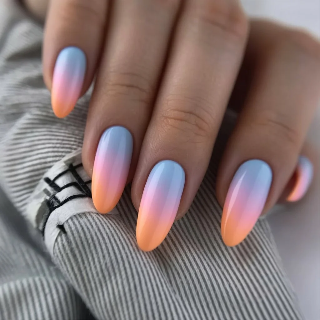 summer ombre nails 2026 Sunset Pastel Ombre Nails With Dreamy Vacation Colors