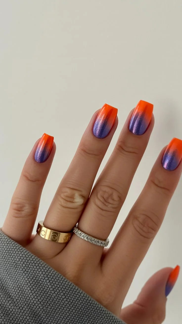 summer ombre nails 2026 Electric Sunset with Orange and Violet Drama