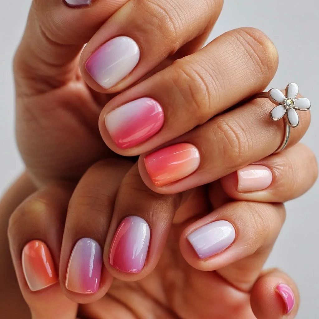 summer ombre nails 2026 Glossy Pink And Coral Ombre Nails With Vacation Energy