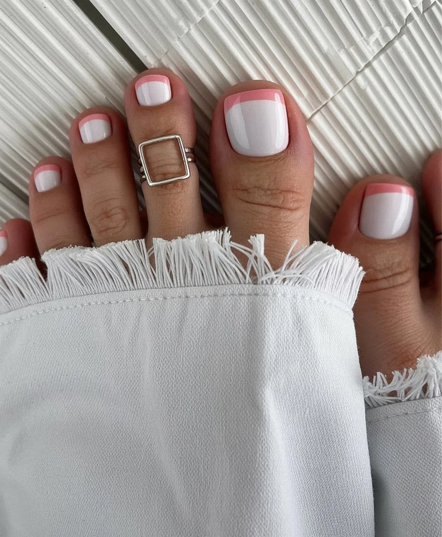 summer pedicure colors 2026 Soft White Pedicure With Pink French Lines