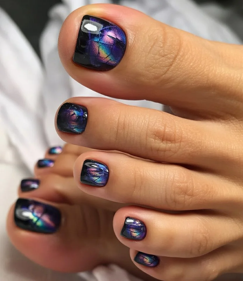 summer pedicure colors 2026 Galaxy Chrome Pedicure With Midnight Purple Shine