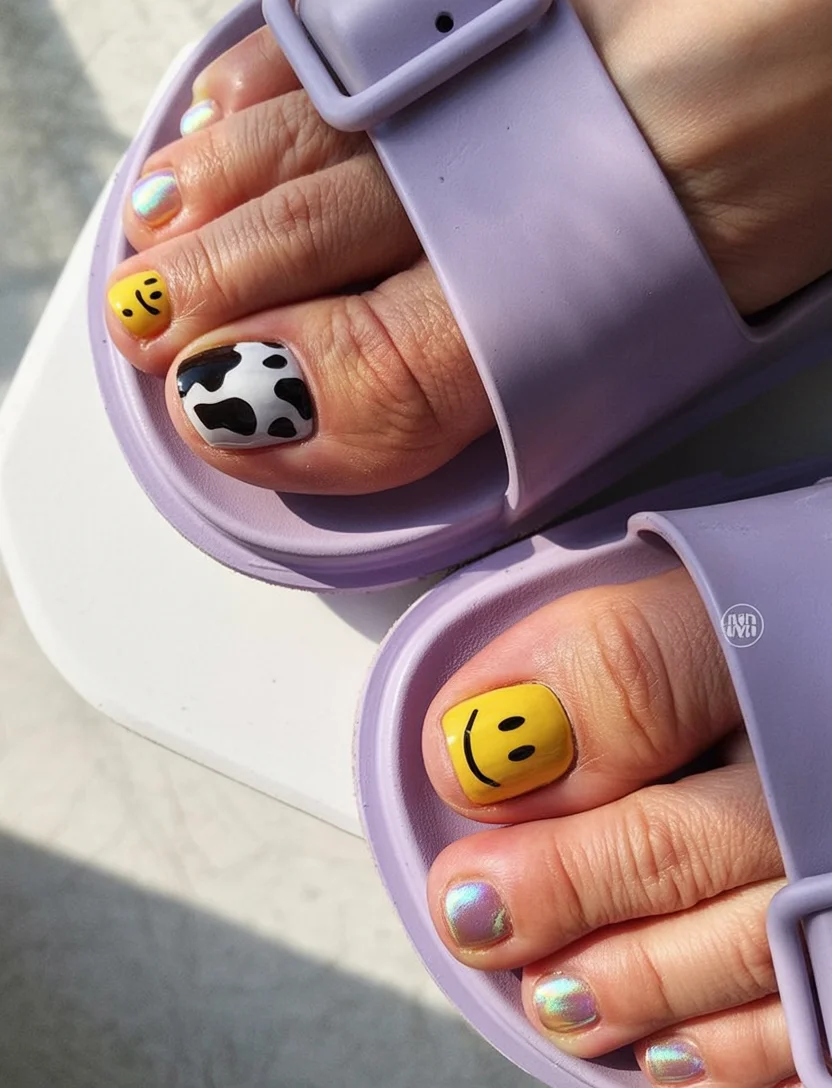 summer pedicure colors 2026 Smiley Faces And Cow Print For Maximum Fun Energy