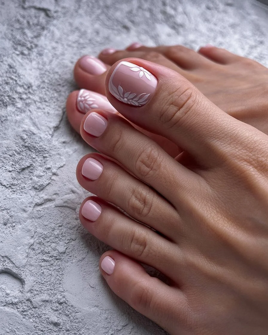 summer pedicure colors 2026 Soft Blush Floral Pedicure With Delicate White Details