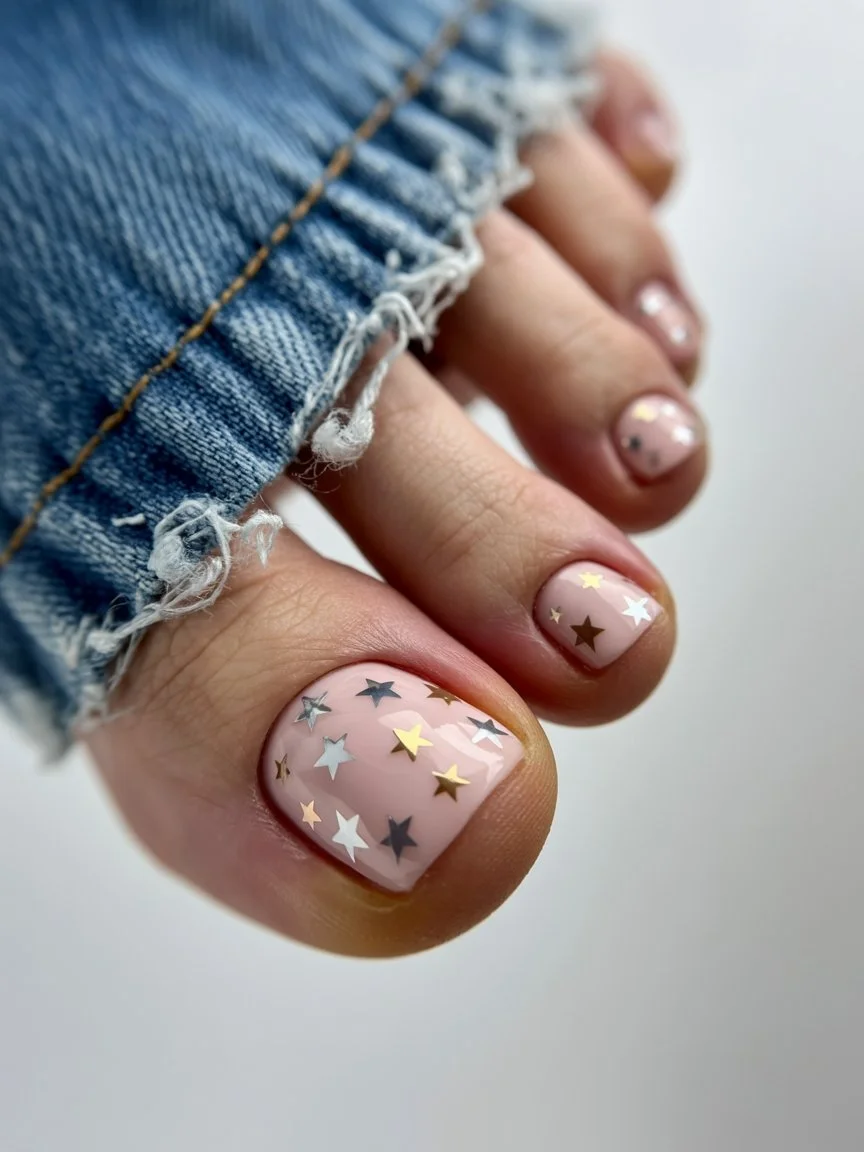 summer pedicure colors 2026 Neutral Pink Pedicure With Tiny Metallic Stars