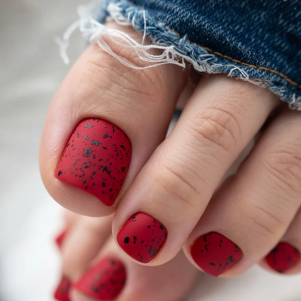 summer pedicure colors 2026 Red Speckled Texture For Cool Girl Summer Energy