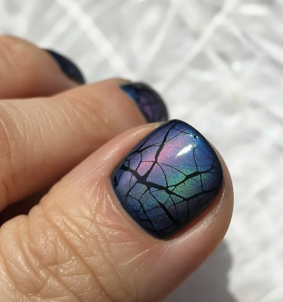 summer pedicure colors 2026 Dark Aurora Chrome Pedicure With Cracked Glass Effect