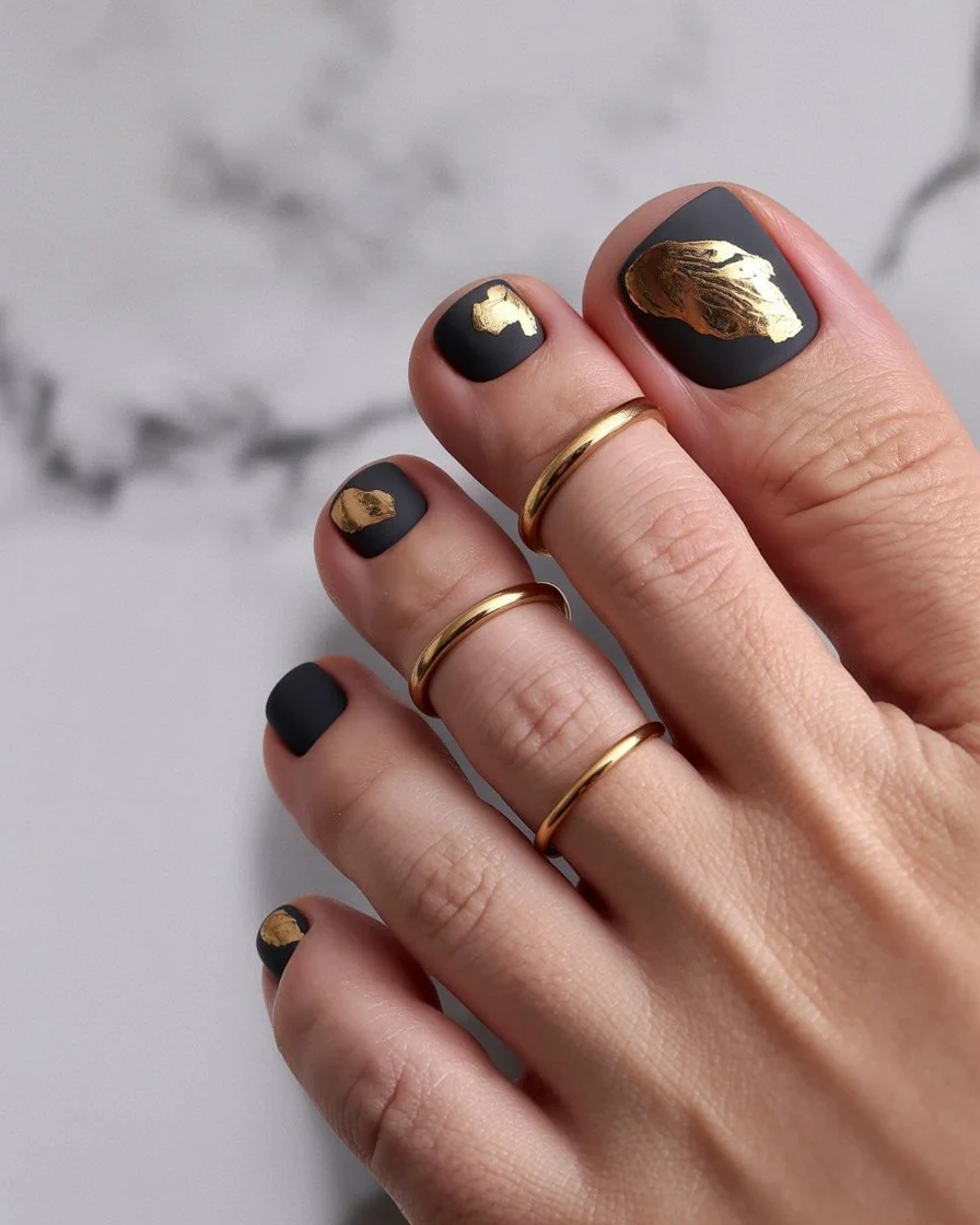 summer pedicure colors 2026 Matte Black Pedicure With Gold Foil Accents