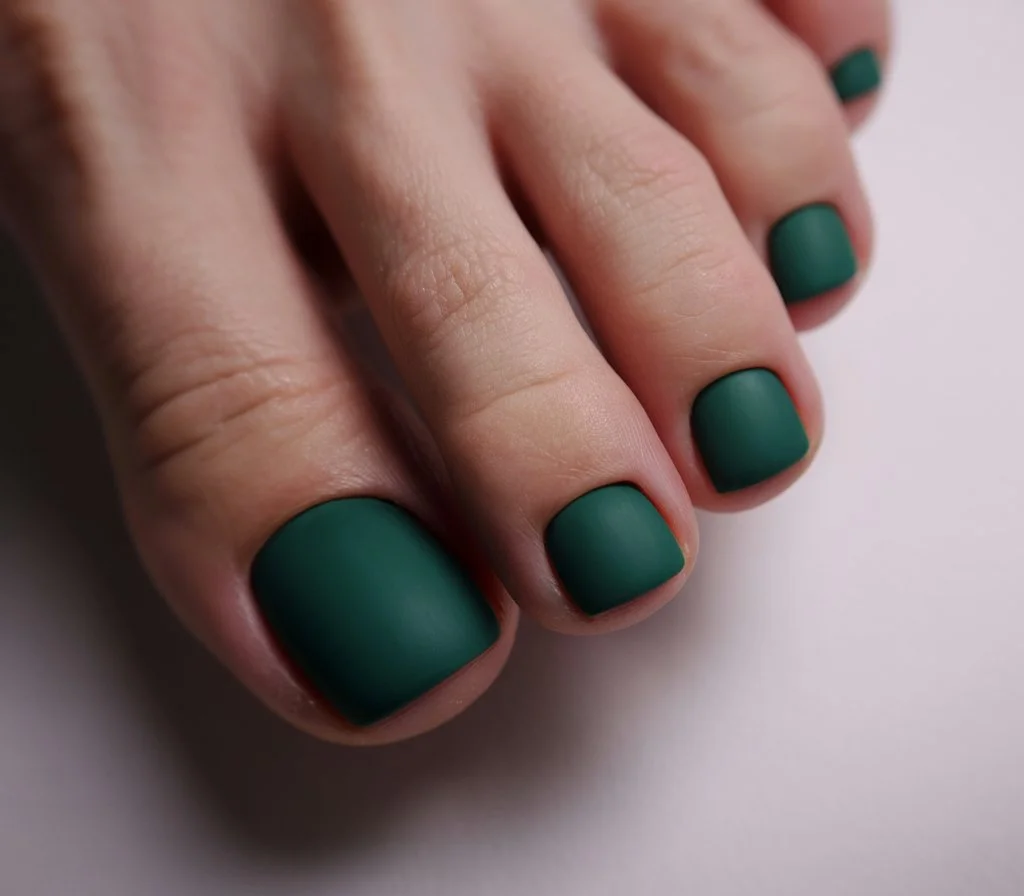 summer pedicure colors 2026 Matte Emerald Green Pedicure With Velvet Finish