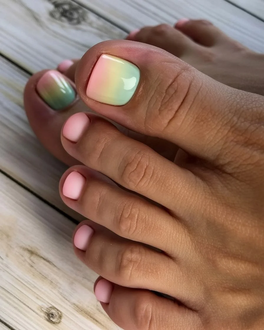 summer pedicure colors 2026 Soft Pastel Ombre Pedicure With Sunset Tones