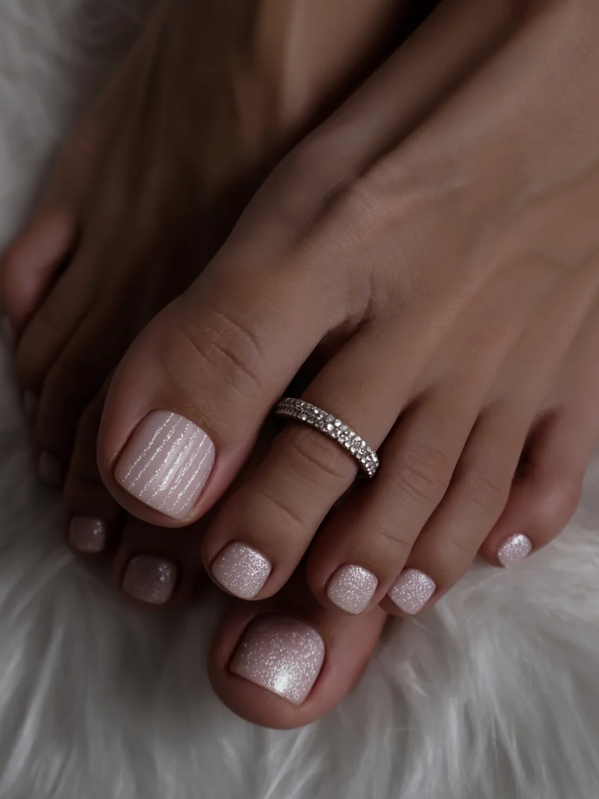 summer pedicure colors 2026 Shimmering Pearl Neutral Toes For Late Summer