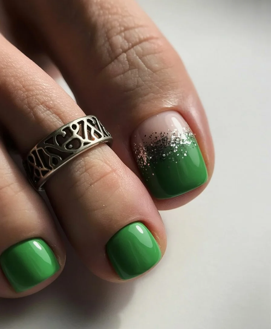 summer pedicure colors 2026 Bright Green Pedicure With Silver Sparkle Accent
