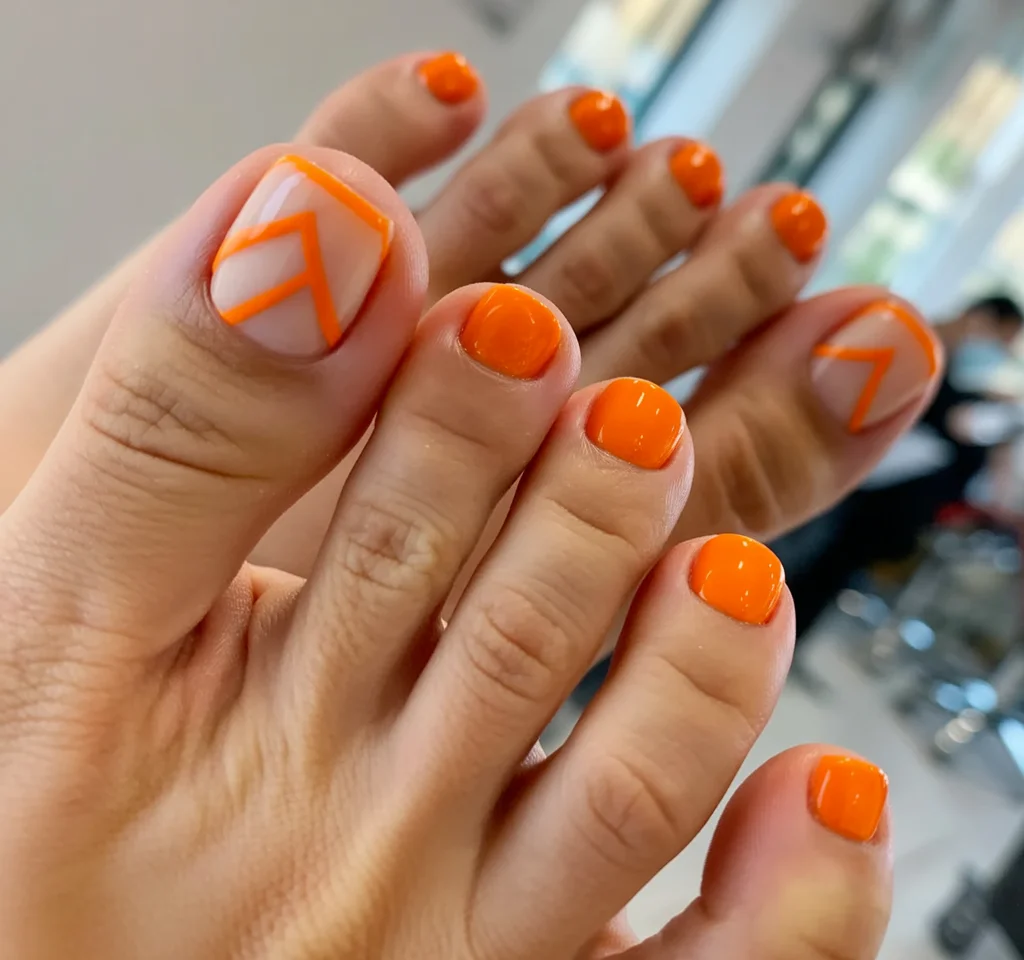 summer pedicure colors 2026 Bright Orange Geometry For Heatwave Season