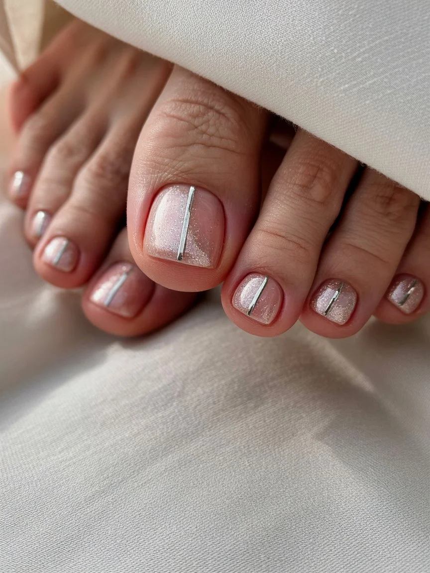 summer pedicure colors 2026 Neutral Pearl Pedicure With Minimal Silver Lines
