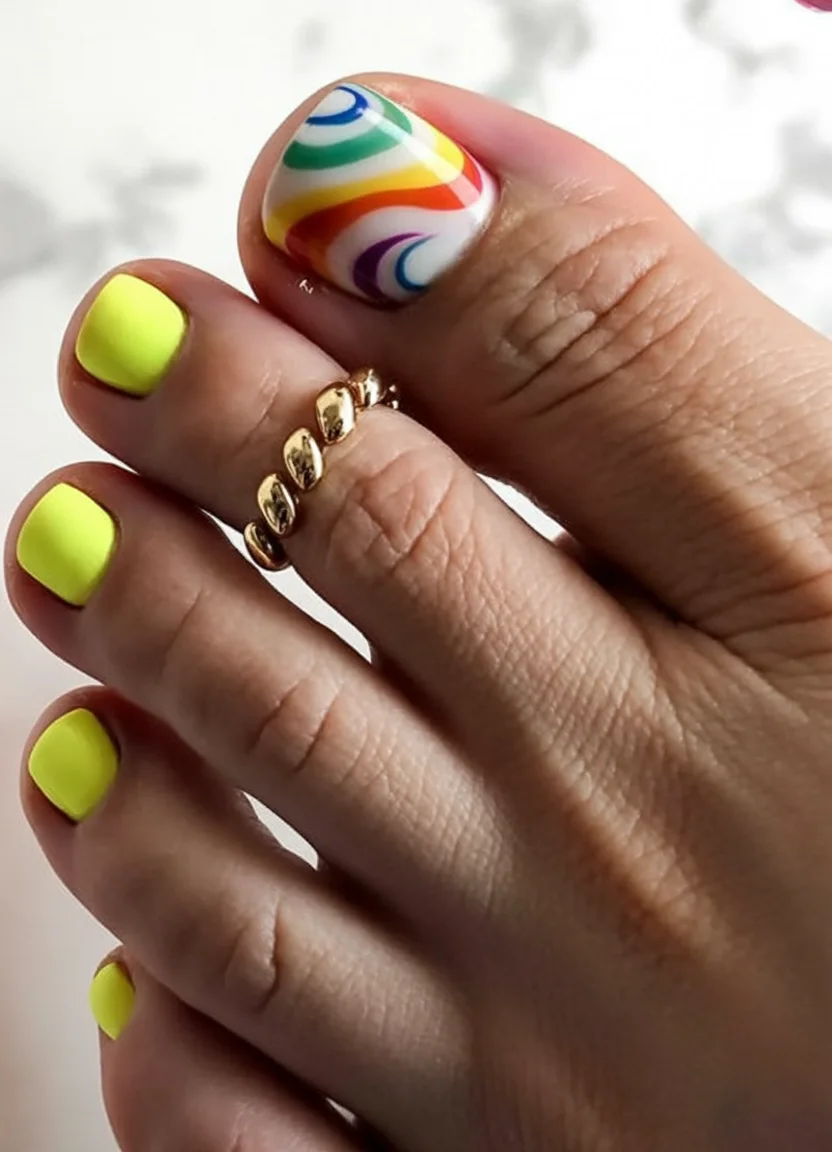 summer pedicure colors 2026 Hot Neon Rainbow Swirl Pedicure