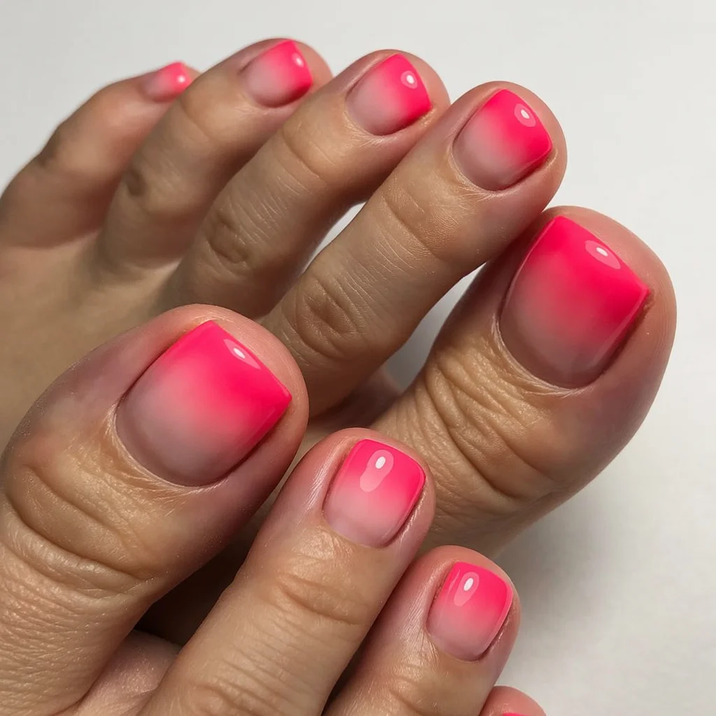 summer pedicure colors 2026 Hot Pink Airbrush Fade For Endless Summer Energy