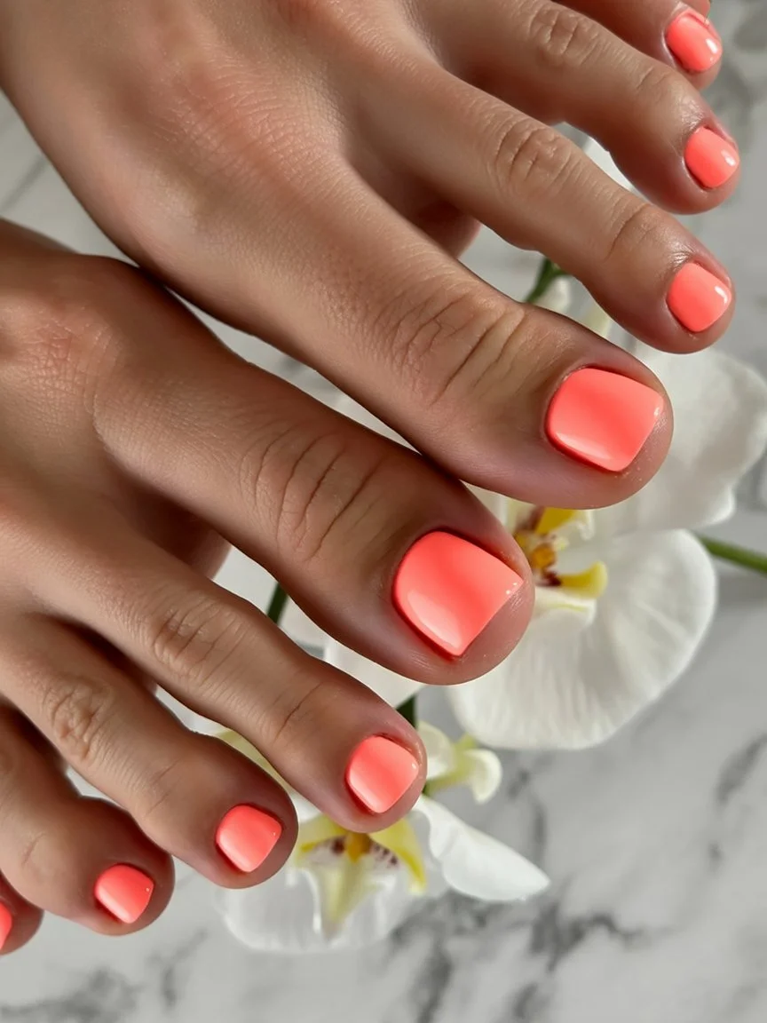 summer pedicure colors 2026 Bright Coral Pedicure For Hot Beach Weekends