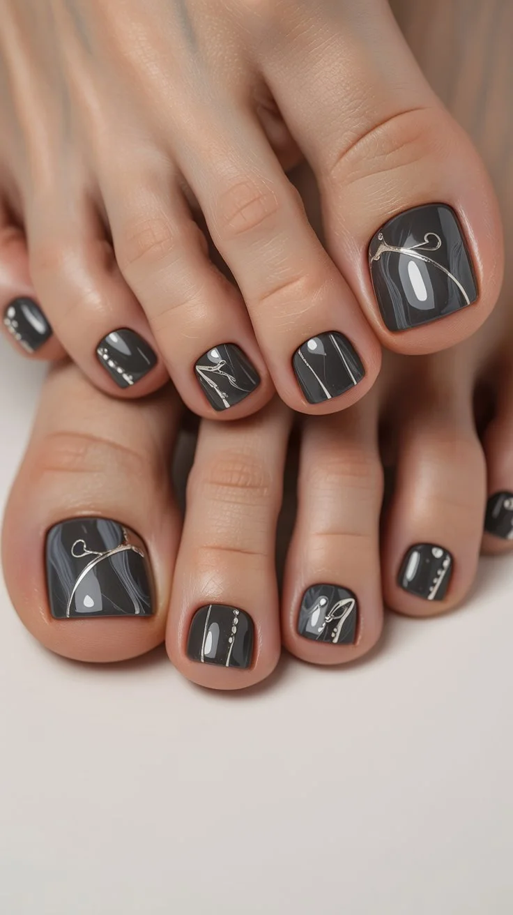 summer pedicure colors 2026 Dark Charcoal Pedicure With Minimal Silver Art