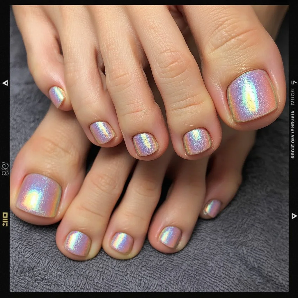 summer pedicure colors 2026 Soft Holographic Chrome Pedicure