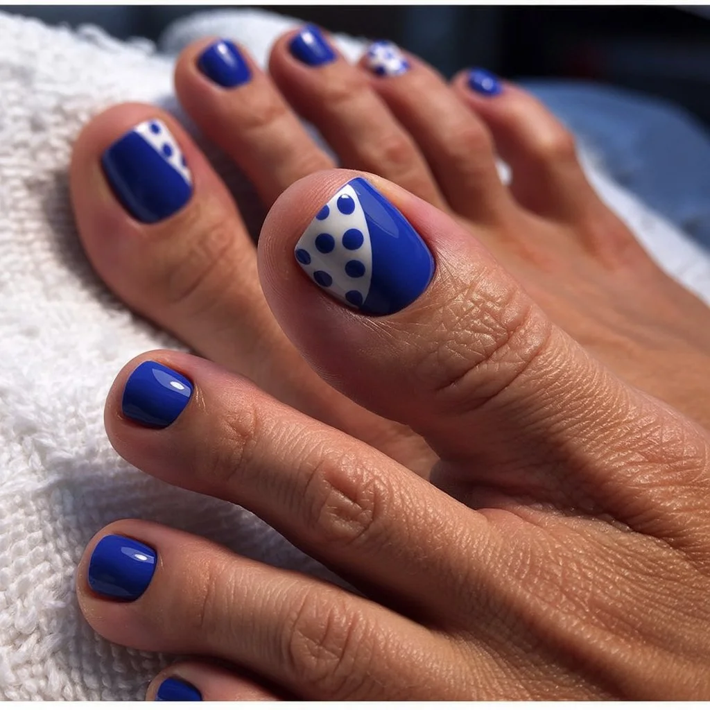 summer pedicure colors 2026 Royal Blue Polka Dot Pedicure With Retro Energy