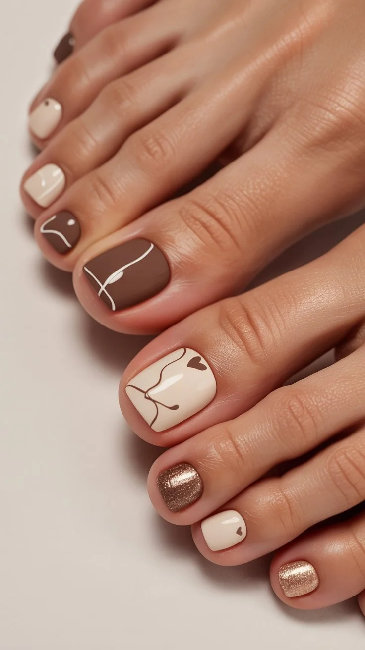 summer pedicure colors 2026 Soft Mocha And Cream Pedicure With Minimal Heart Details