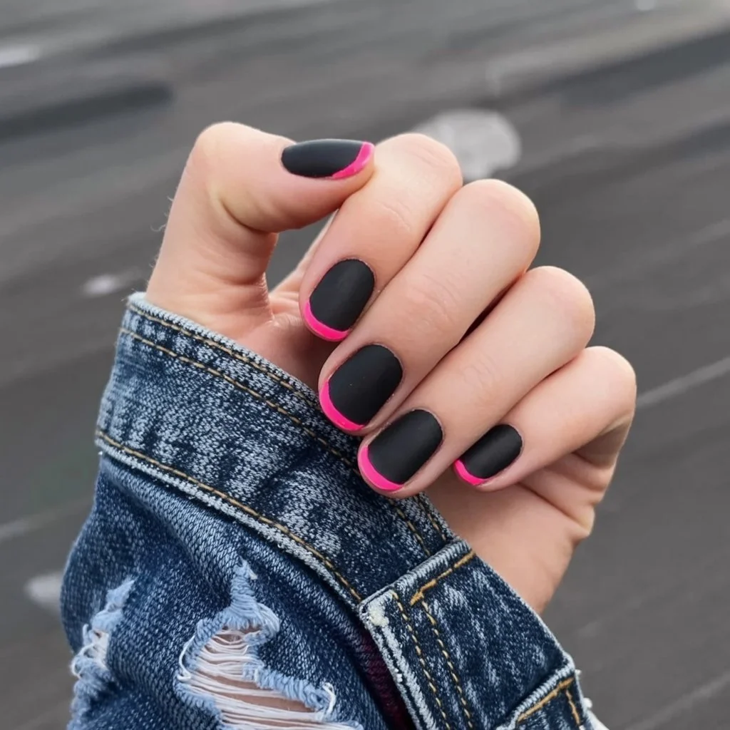 summer short nails ideas 2026 Matte Black French Tips With Neon Pink Energy